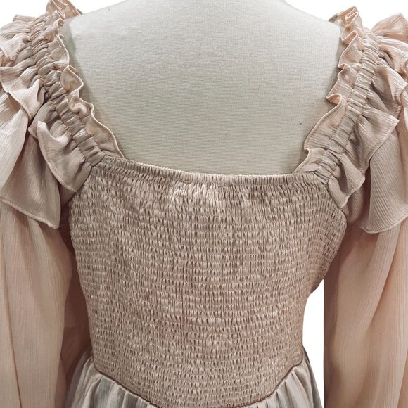 Entro Blush Smocked Peplum Top Long Sleeve Ruffle Sheer Sleeve Cottagecore - Picture 10 of 11
